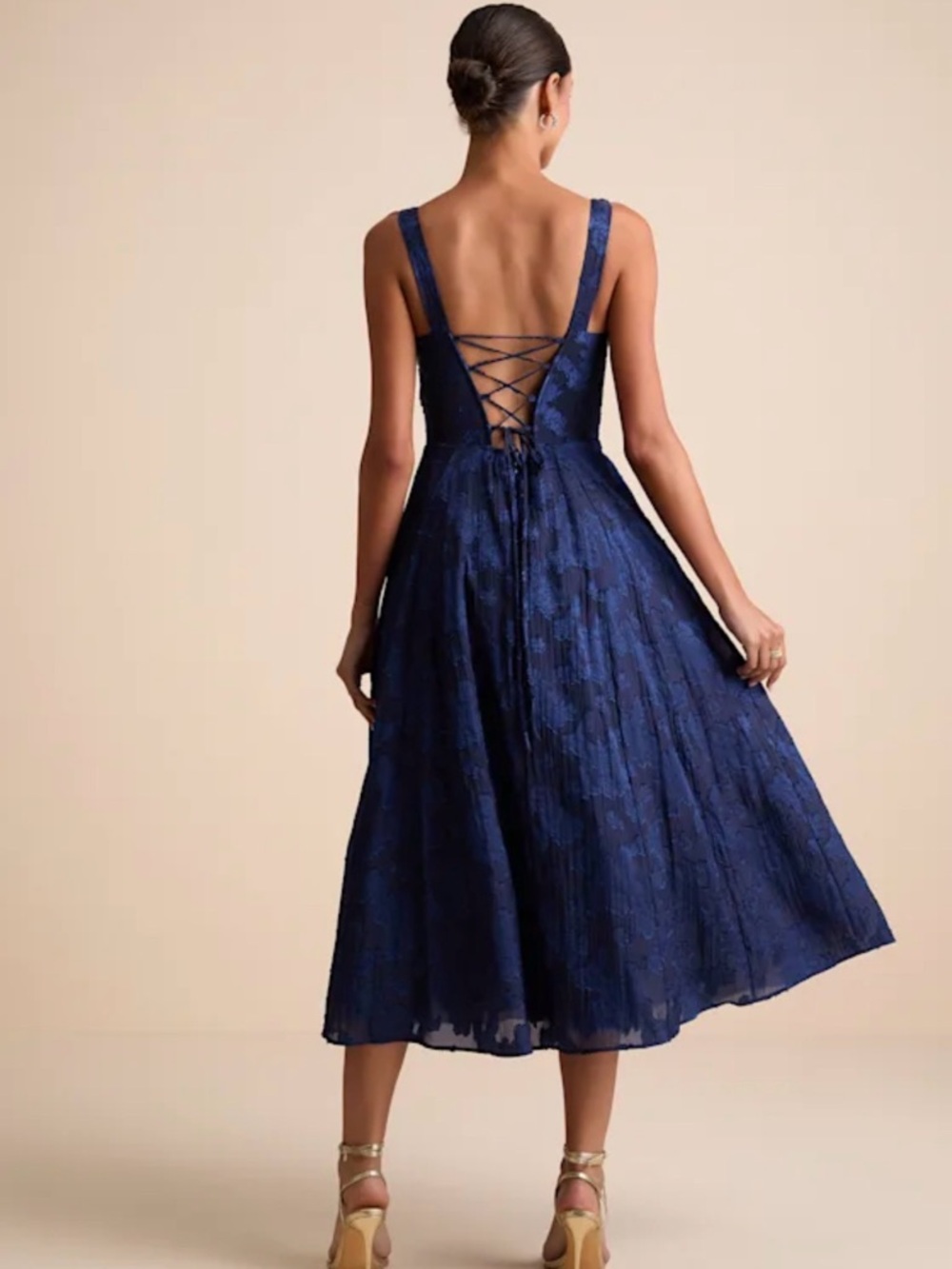 Lulus Loira Navy Burnout Jacquard Lace-up Midi Dress Blue - Size XL - Picture 3 of 3